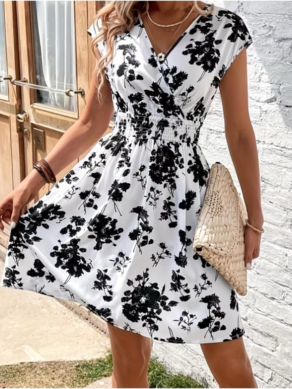 FLORAL White & Black V-Neck Smocked Mini Dress